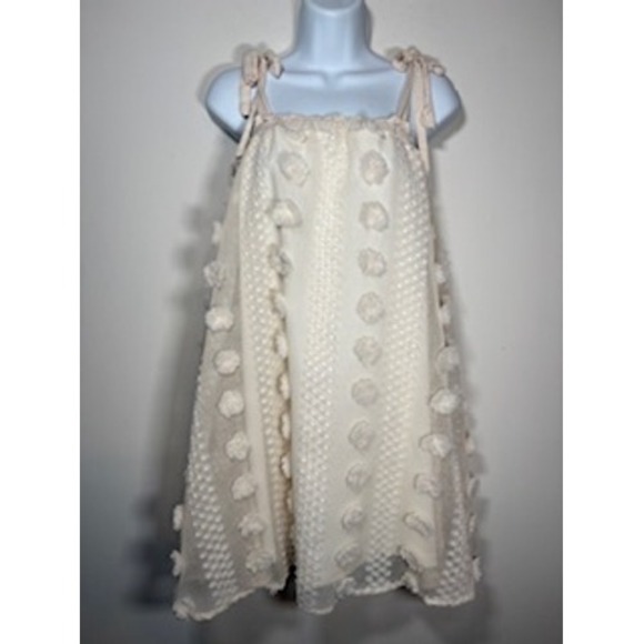 & Merci Dresses & Skirts - & Merci Dress Small Cream Pom Pom Swiss Dot Tie Shoulder Mini Bride Boho Cottage